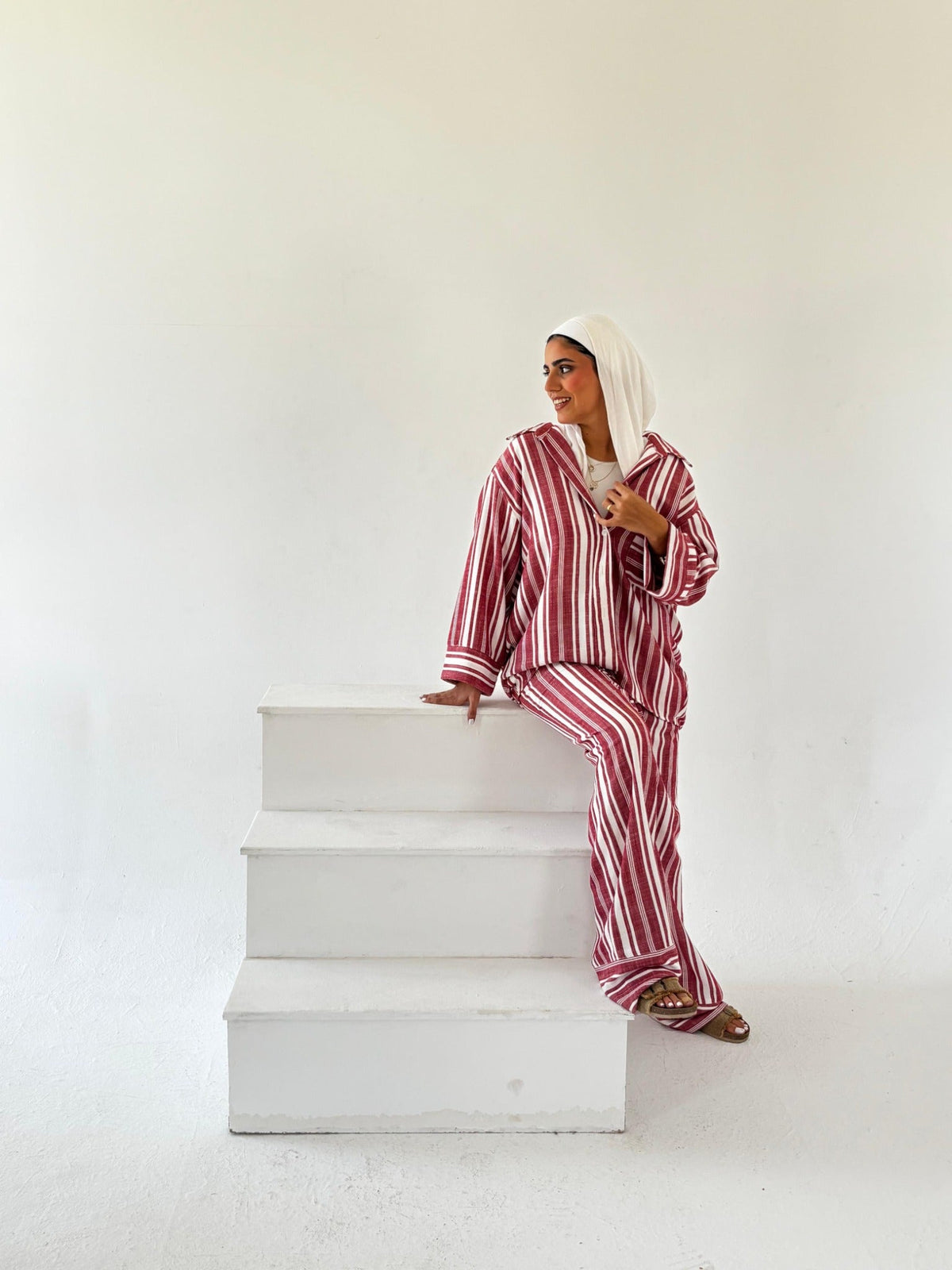 The Burgundy Stripes Set seated styling