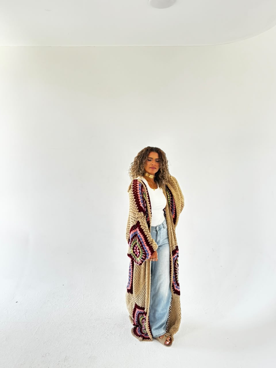 The Crochet Beige Flowy Cardigan front view