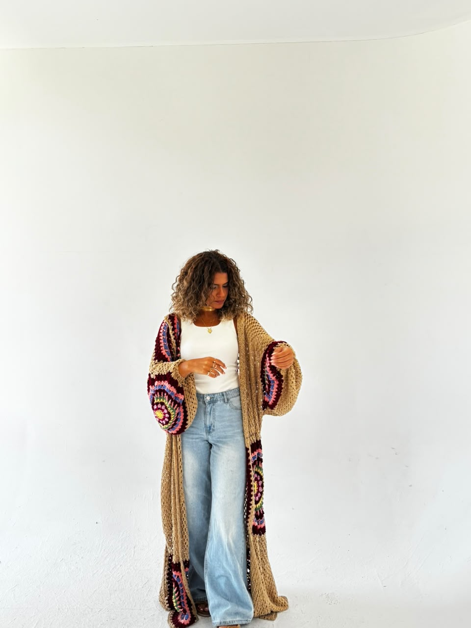 The Crochet Beige Flowy Cardigan full look