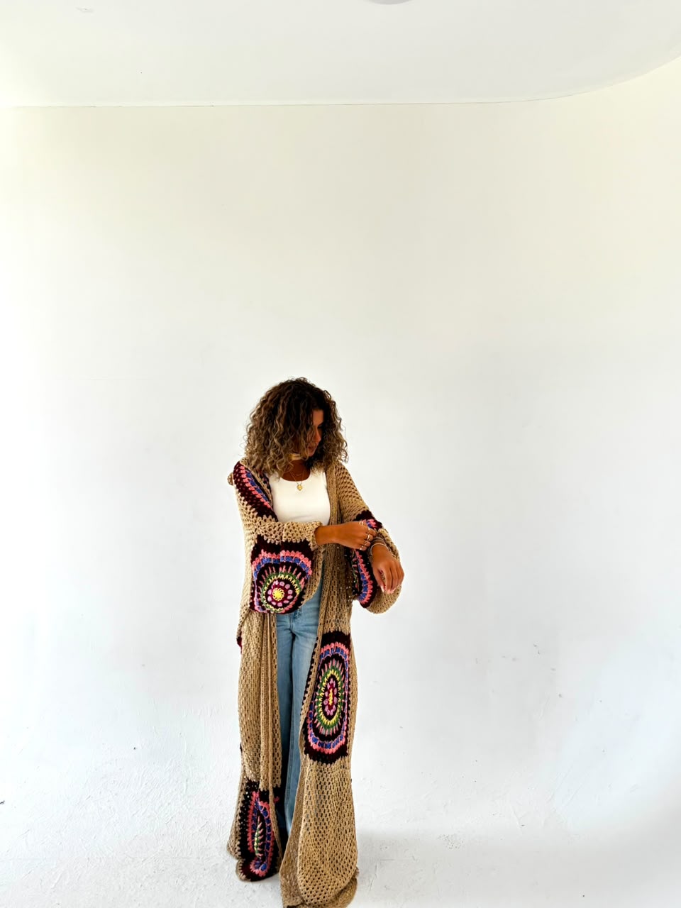 The Crochet Beige Flowy Cardigan styling detail