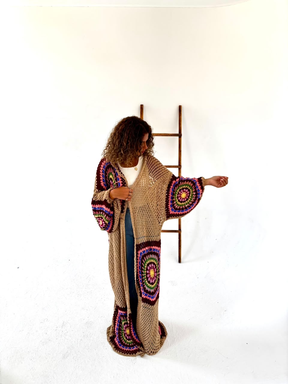 The Crochet Beige Flowy Cardigan sleeve detail