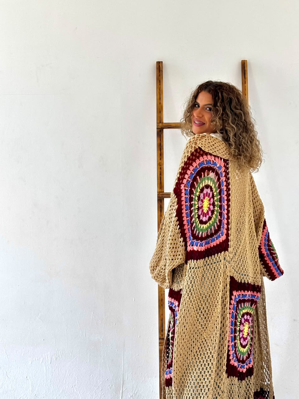 The Crochet Beige Flowy Cardigan back detail