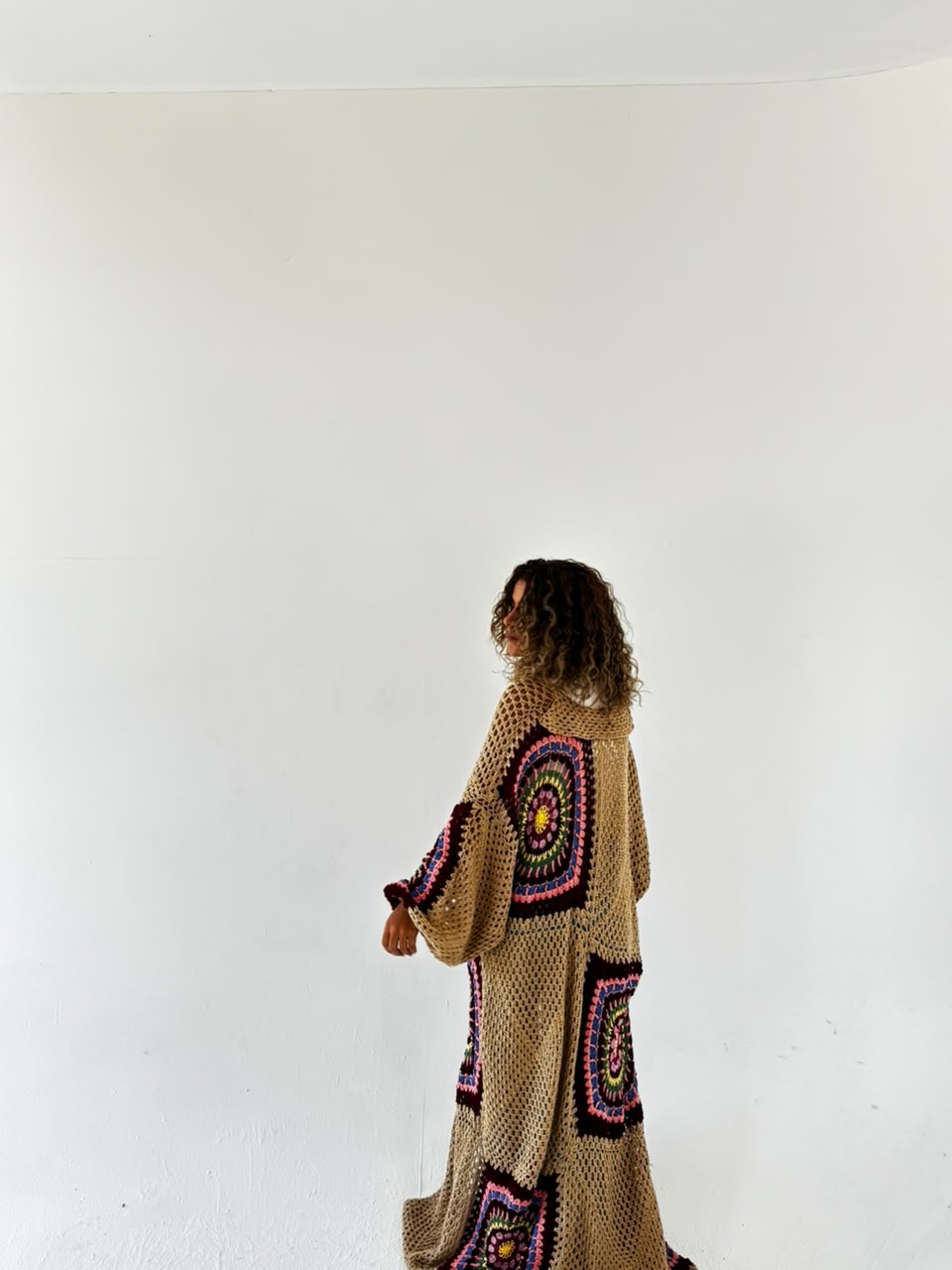 The Crochet Beige Flowy Cardigan back view