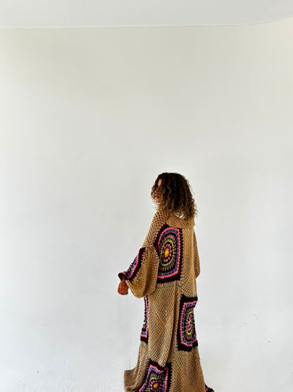 The Crochet Beige Flowy Cardigan back view