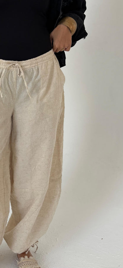 The Linen Balloon Pants texture and waist detail