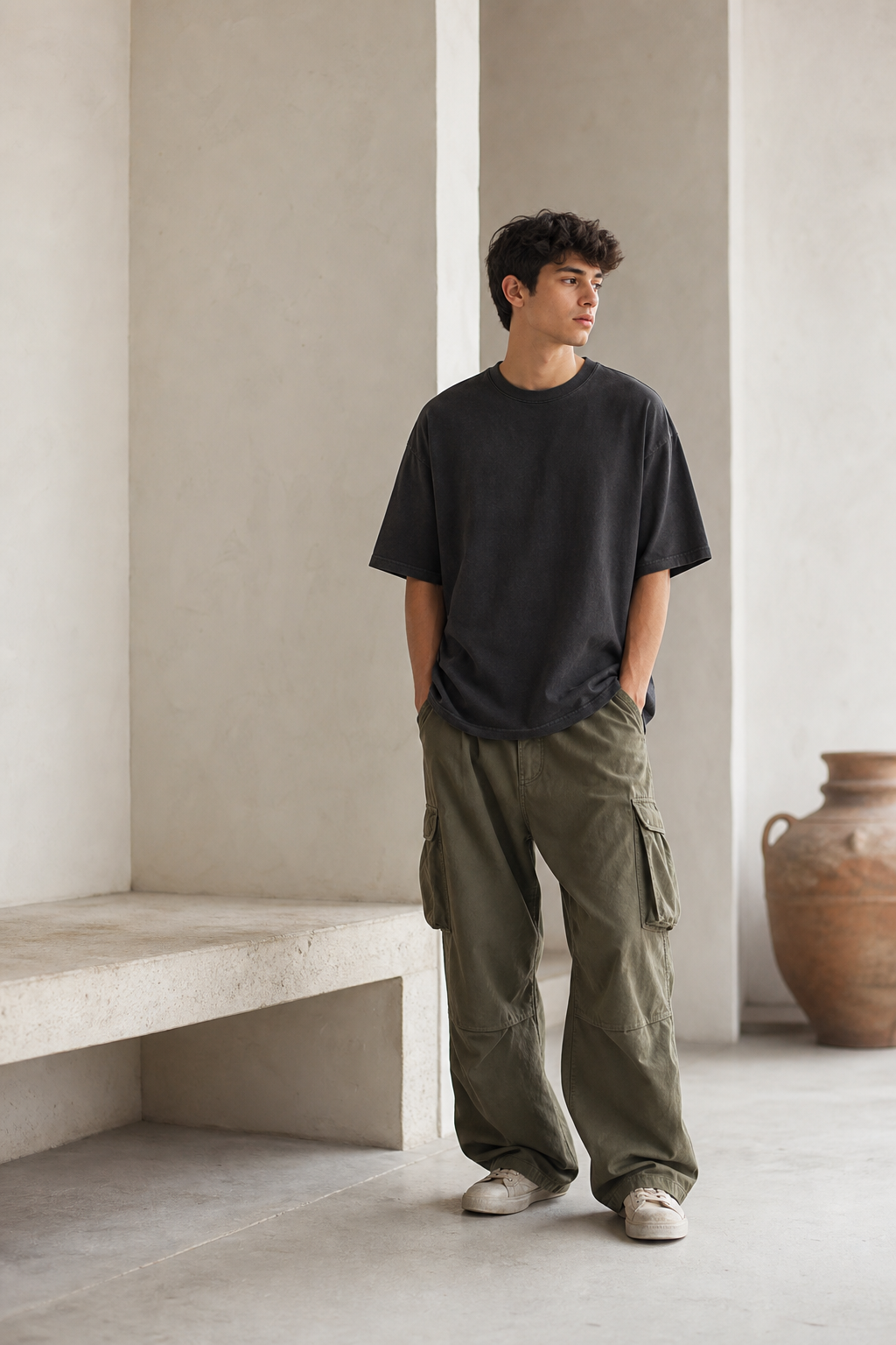 FABRIX demo editorial look with charcoal tee and olive cargo pants